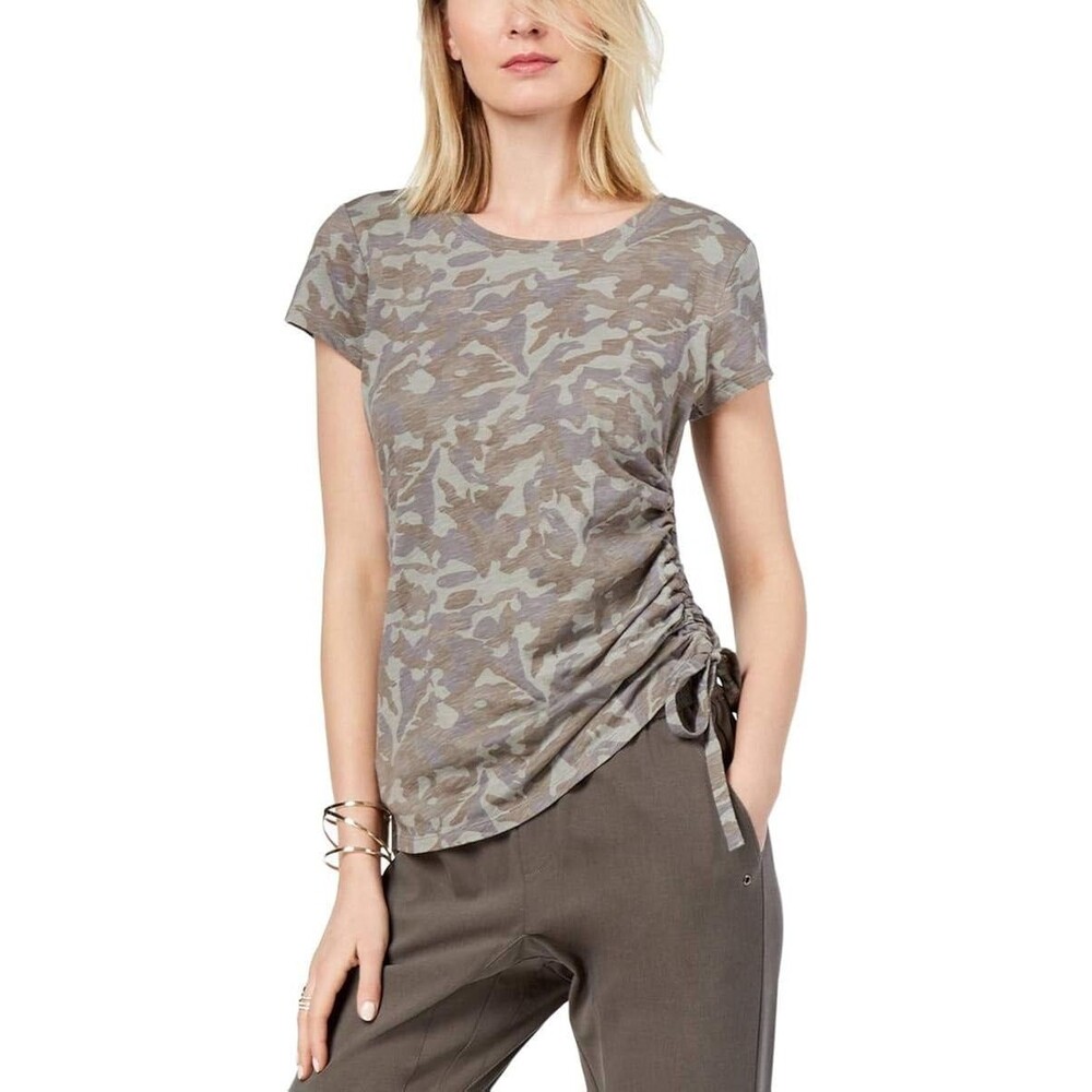 I-N-C Women's 100% Cotton Muted Camouflage Side Ruched Embellished T-Shirt M